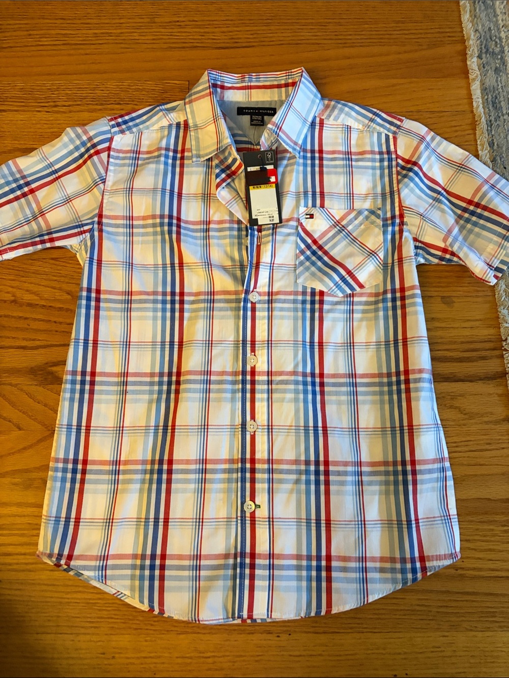 Tommy Hilfiger Boys Short Sleeve Plaid Button-Up Shirt - White/Red/Blue